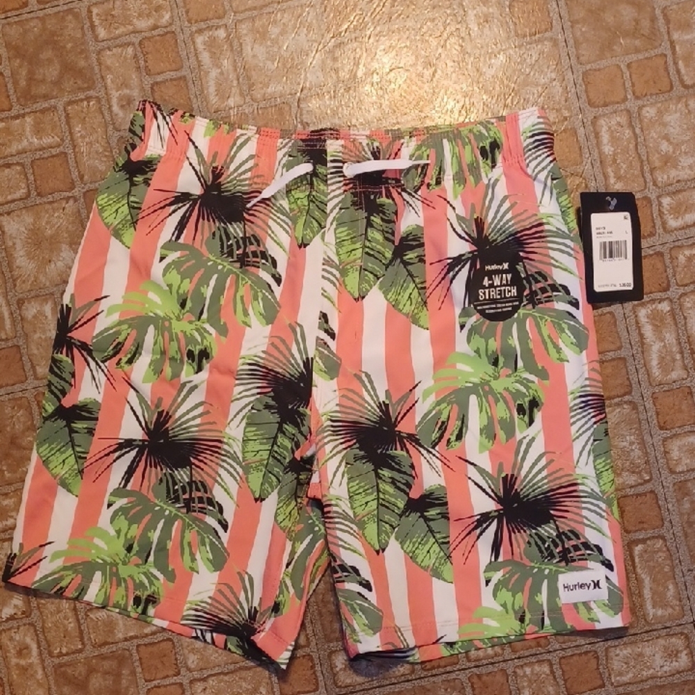 Hurley Kids Pink and Green Leaf Swim Trunks Size Large